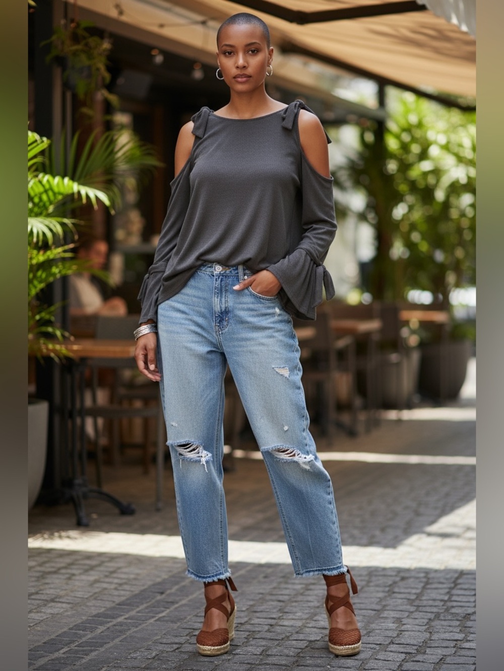 Blu Heaven Small Tie-Shoulder Cold-Shoulder loose top in Charcoal
